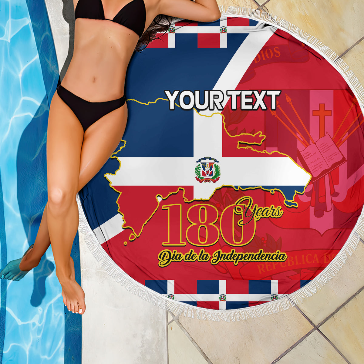 Round beach blanket with blue/red Dominican map, crest center, YOUR TEXT, white fringe