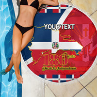 Round beach blanket with blue/red Dominican map, crest center, YOUR TEXT, white fringe