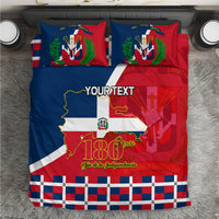 Personalized bedding set with Dominican Republic flag map, red/blue colors and check border
