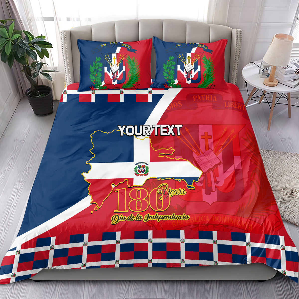 Personalized bedding set with Dominican Republic flag artwork, red and blue, checkered trim
