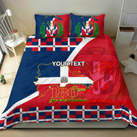 Personalized bedding set with Dominican Republic flag map, red-blue field and checkered edge