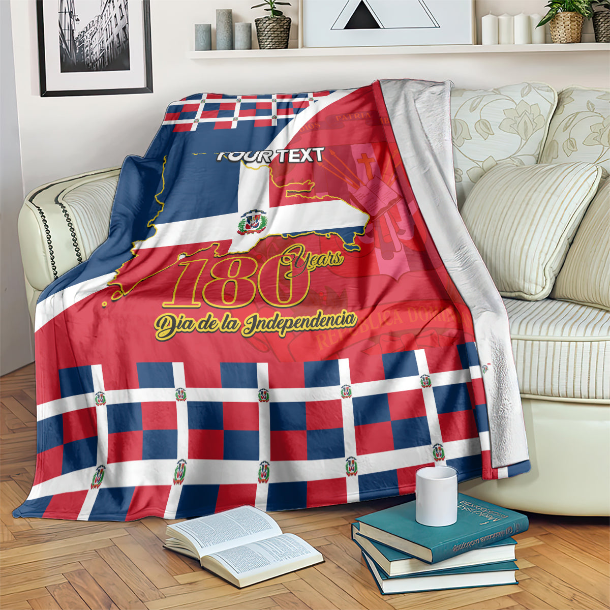 Personalized blanket draped on sofa; red, blue, white 180 Years Independence Day design.