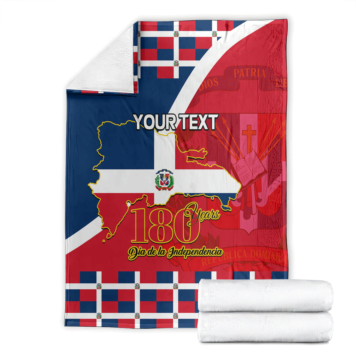 Personalized blanket with Dominican map, 'YOUR TEXT', 180 Years, red and blue design.