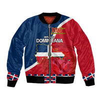 Red/blue satin bomber jacket with Dominican map and crest; ribbed collar, cuffs