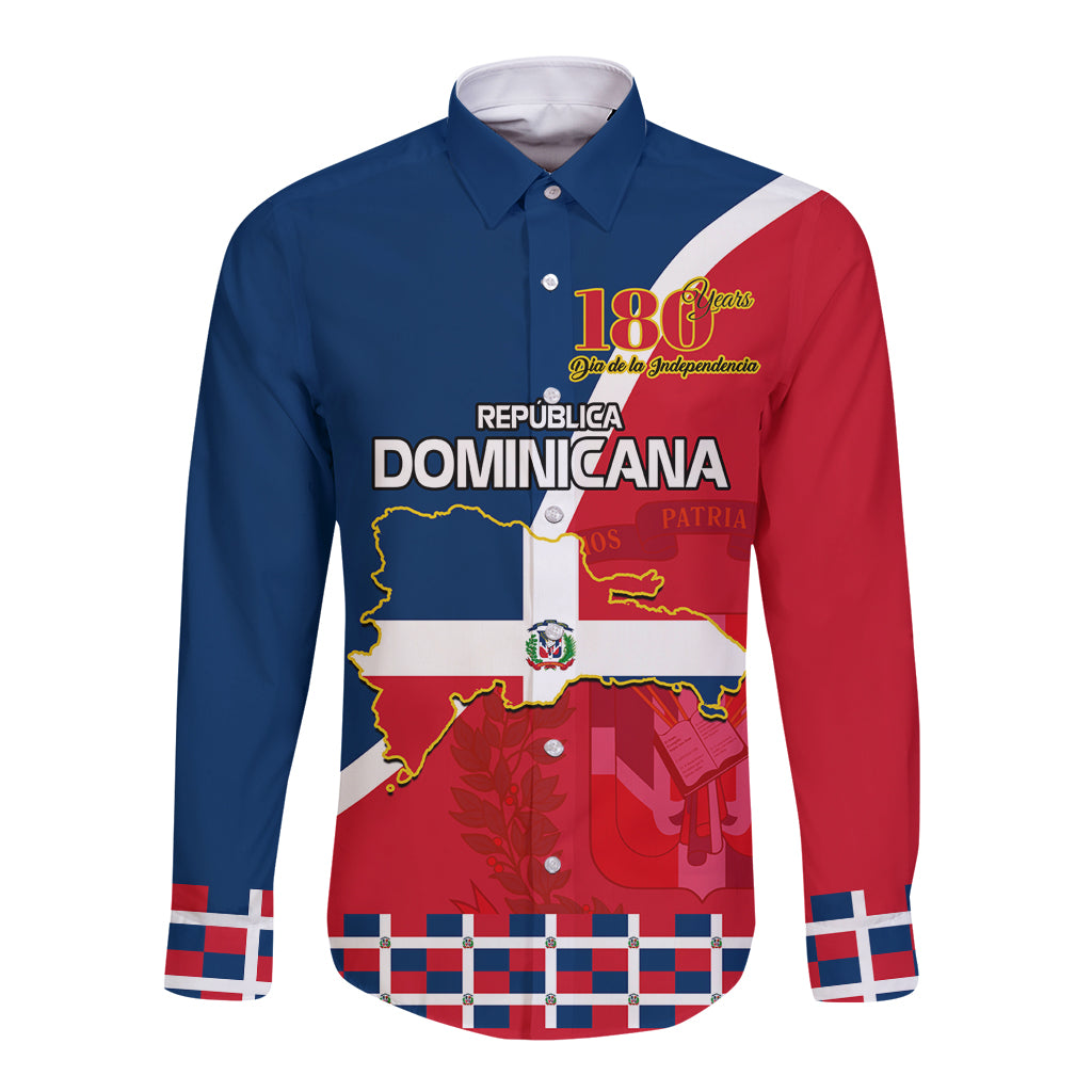 Blue long-sleeve button shirt with Dominican Republic front graphic and plaid cuffs