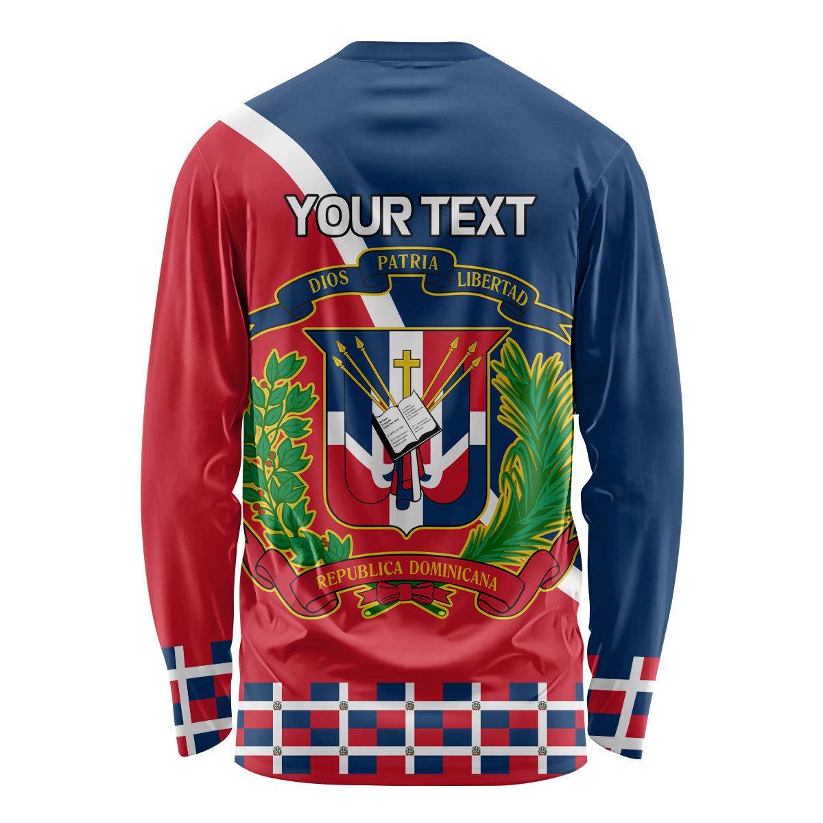 Unisex long-sleeve Independence Day shirt with blue/red Dominican crest back print