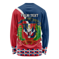 Unisex long-sleeve Independence Day shirt with blue/red Dominican crest back print