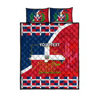 Personalized quilt bed set with blue and red Dominican-themed design, map, “YOUR TEXT,” 180 years, 2 pillows