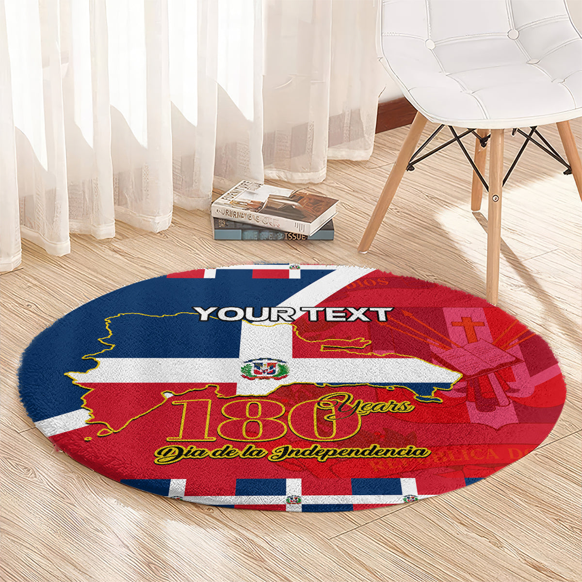 Personalized round carpet with Dominican flag map, Your Text, and 180 Years print