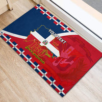 Personalized rubber doormat featuring Dominican flag graphic, red/blue map, checkered edge, 180
