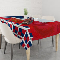 Independence Day tablecloth draped on table with red-and-blue patterned flag artwork