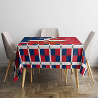 Independence Day tablecloth with red, white, and blue checkered border and emblem