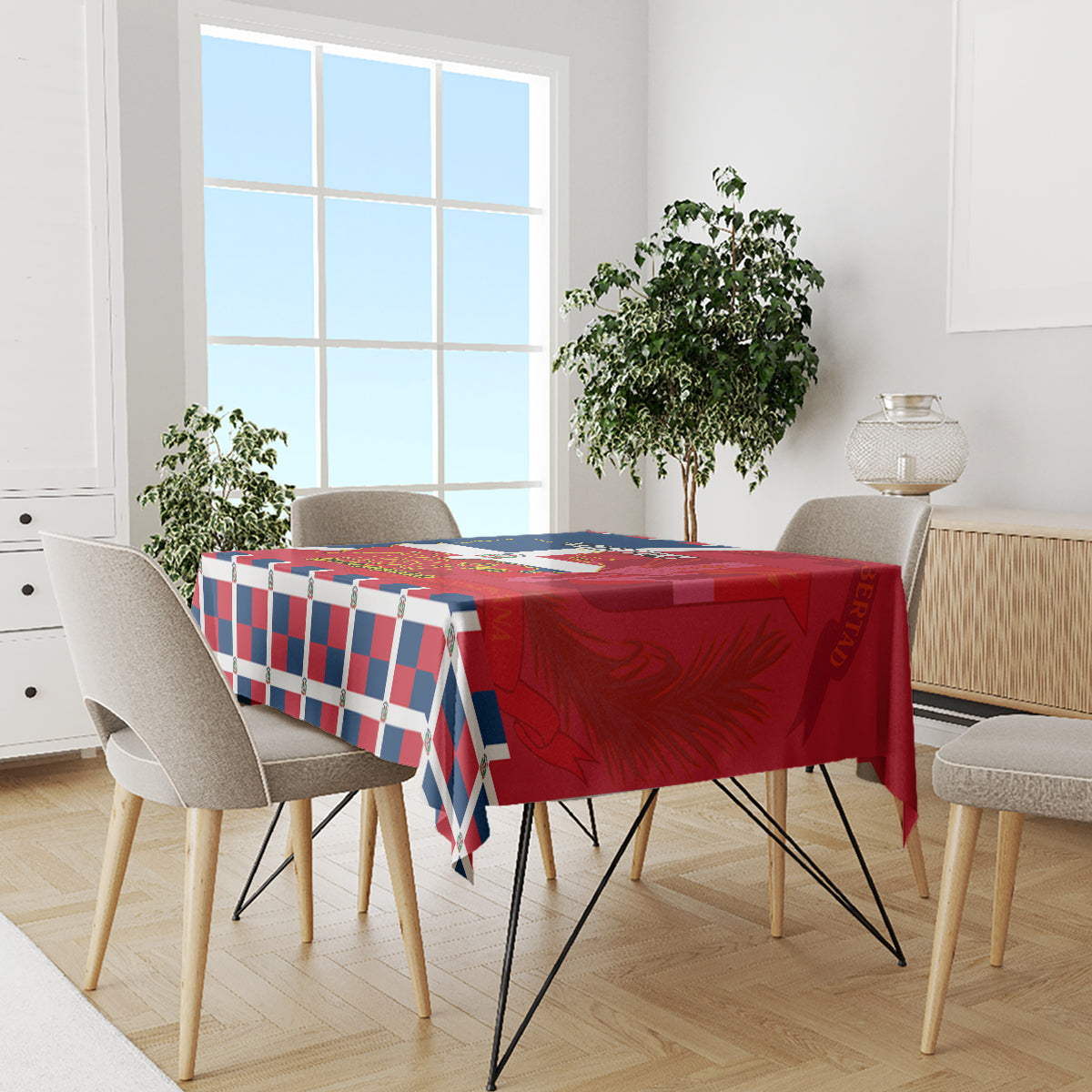 Independence Day tablecloth on dining table with red and blue flag-themed pattern