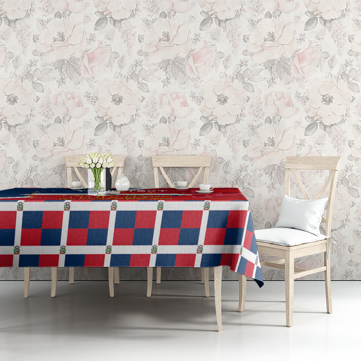 Independence Day tablecloth with red, white, and blue checkered border and graphic art