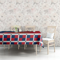 Independence Day tablecloth with red, white, and blue checkered border and graphic art