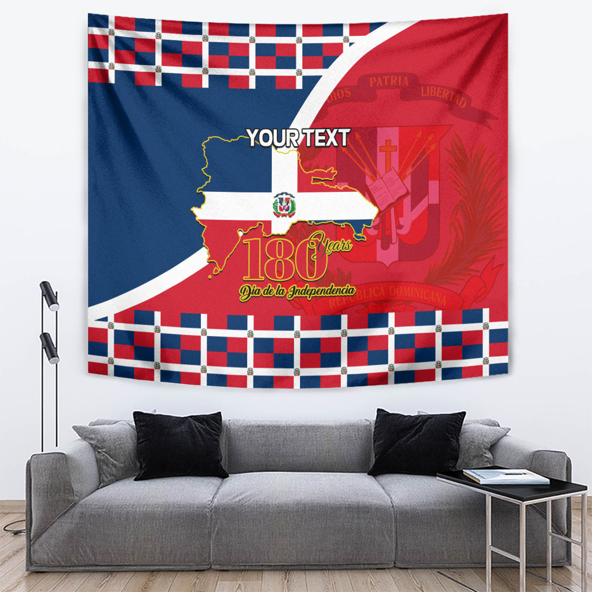 Personalized tapestry with bold red and blue flag design, map outline, and 'YOUR TEXT'