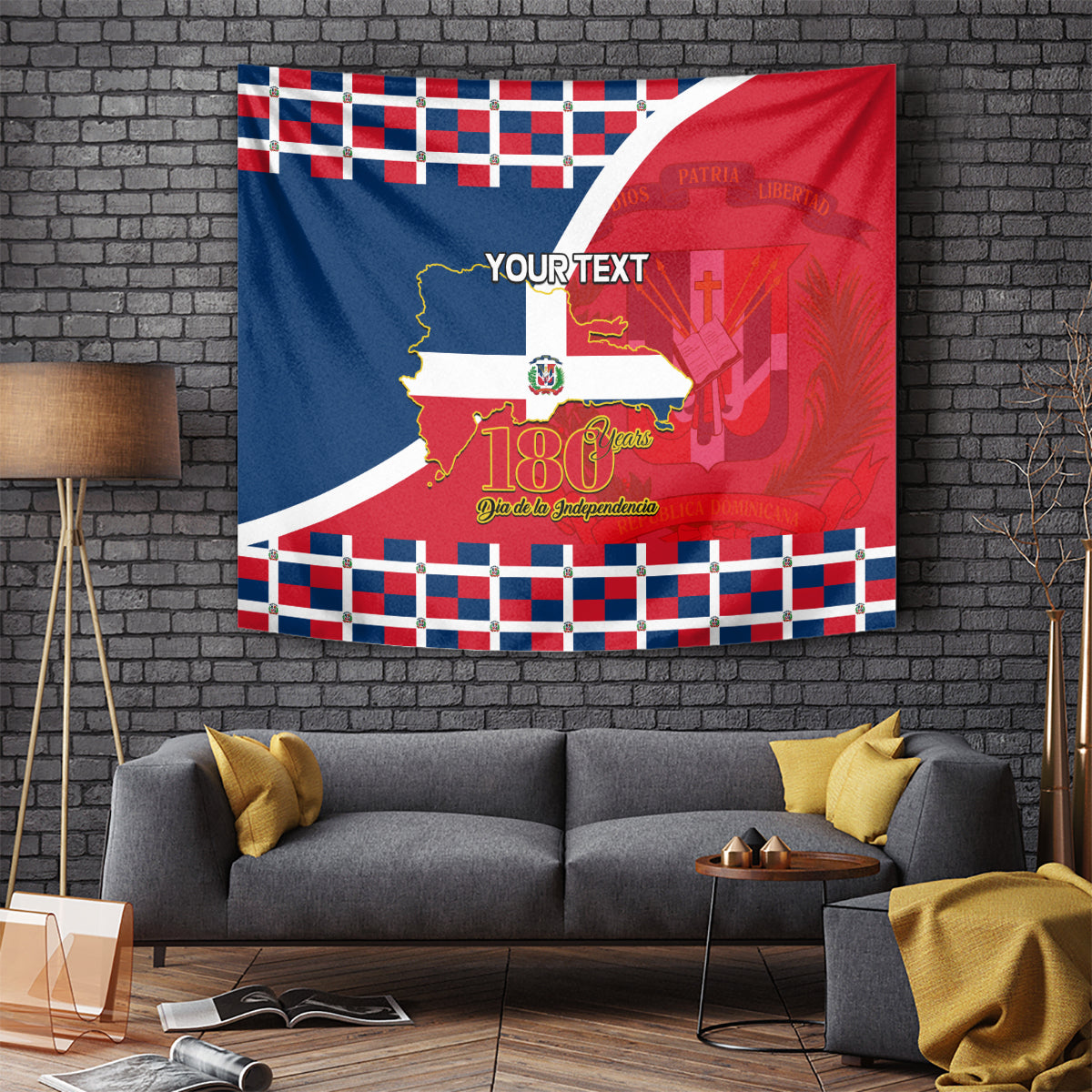 Dominican independence wall tapestry with checkered trim, map graphic, and 'YOUR TEXT' text