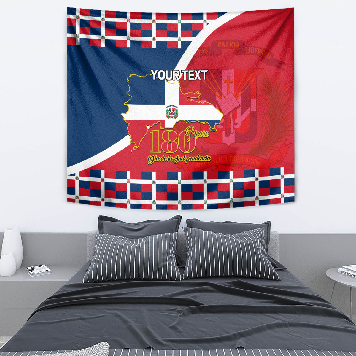 Wall tapestry with red/blue split flag artwork, checkered band, and centered 'YOUR TEXT'