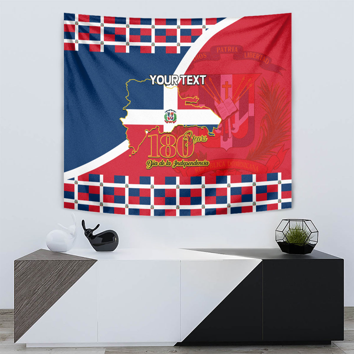 Personalized Dominican independence tapestry with red, blue, and checkered border and map
