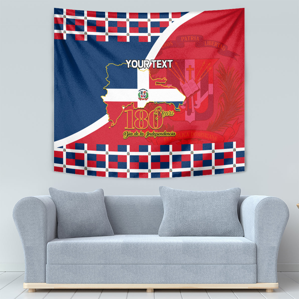 Red and blue Dominican independence tapestry featuring checkered border and 'YOUR TEXT'
