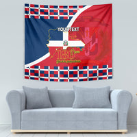 Red and blue Dominican independence tapestry featuring checkered border and 'YOUR TEXT'