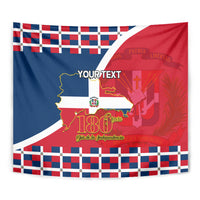 Dominican independence tapestry close-up: red/blue split flag, checkered edge, map, 'YOUR TEXT'