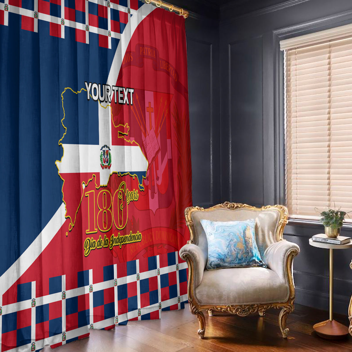 Personalized window curtain with blue and red Dominican Republic independence map artwork