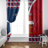 Personalized window curtain panels in blue and red with Dominican Republic independence graphics