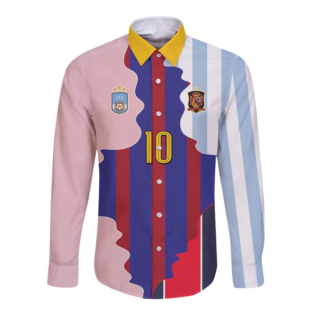 Custom Argentina and Spain Long Sleeve Button Shirt Special Vintage Match Team Edition