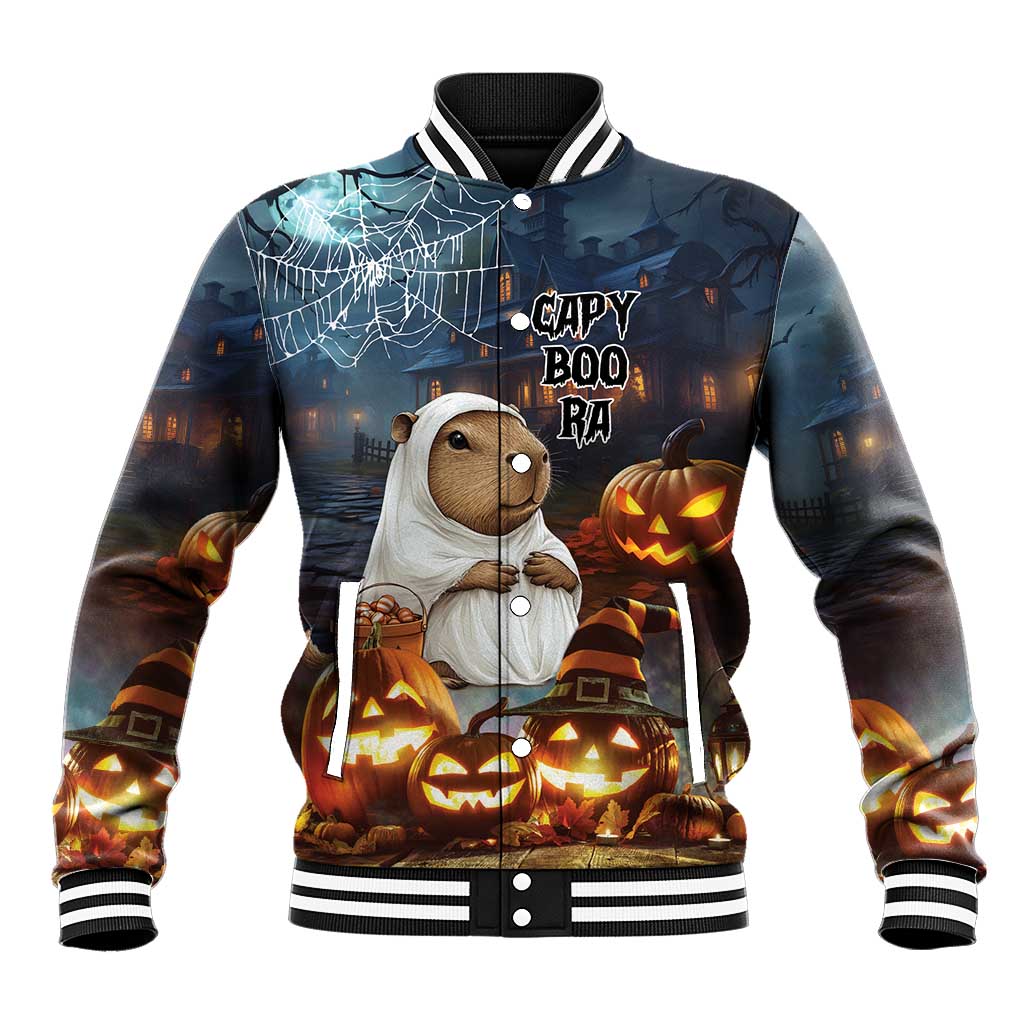 Halloween baseball jacket with capybara ghost, pumpkins, 'CAPY BOO RA' lettering