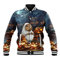 Halloween baseball jacket with capybara ghost, pumpkins, 'CAPY BOO RA' lettering