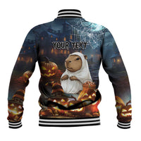 Back view Halloween baseball jacket with capybara ghost and 'YOUR TEXT' design