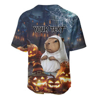 Halloween capybara ghost baseball jersey back, dark navy, YOUR TEXT over city and pumpkins