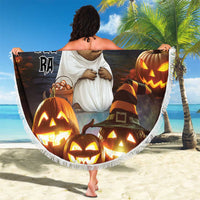 Round black Halloween beach blanket featuring capybara ghost, jack-o'-lantern pumpkins, fringe, 'YOUR TEXT'.