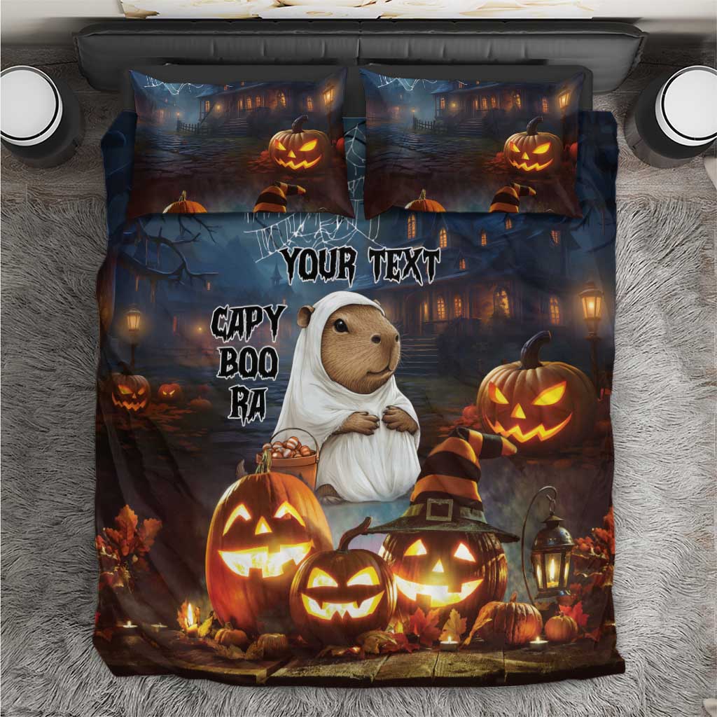Halloween bedding set: capybara ghost, jack-o-lanterns, and 'YOUR TEXT' print