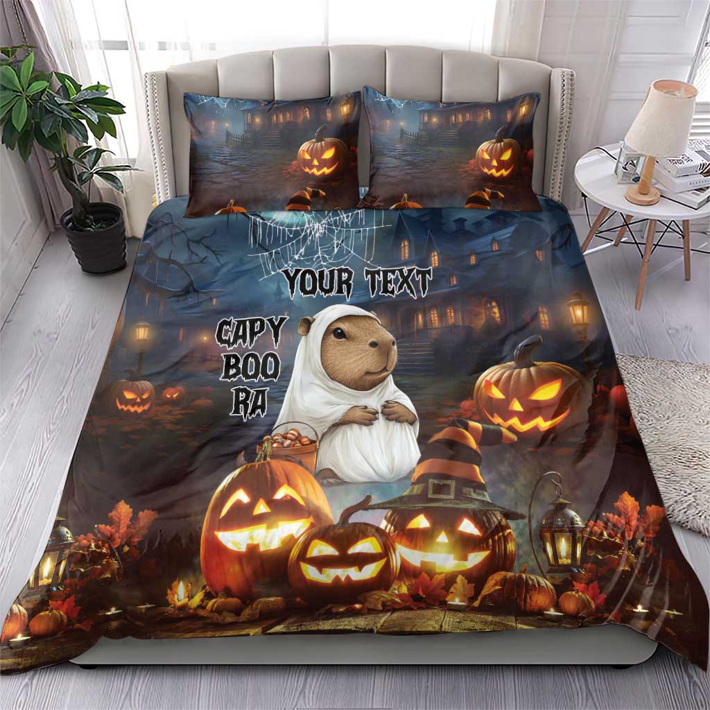 Halloween bedding set with two pillows and duvet, capybara ghost, jack-o-lanterns, 'YOUR TEXT'