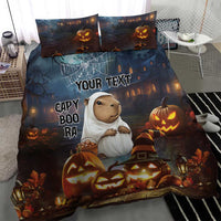Halloween bedding set with capybara ghost, spooky pumpkins and web graphic, 'YOUR TEXT'