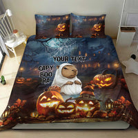 Halloween bedding set with capybara ghost focal print, jack-o-lanterns, and 'YOUR TEXT'