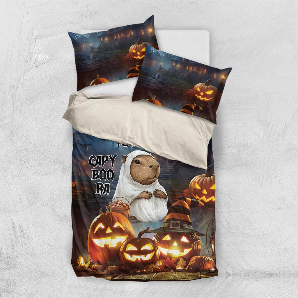 Halloween bedding set with duvet and pillow: capybara ghost, jack-o-lanterns, 'CAPY BOO RA'