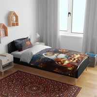 Halloween bedding set on bed: capybara ghost duvet with matching pillows and jack-o-lanterns