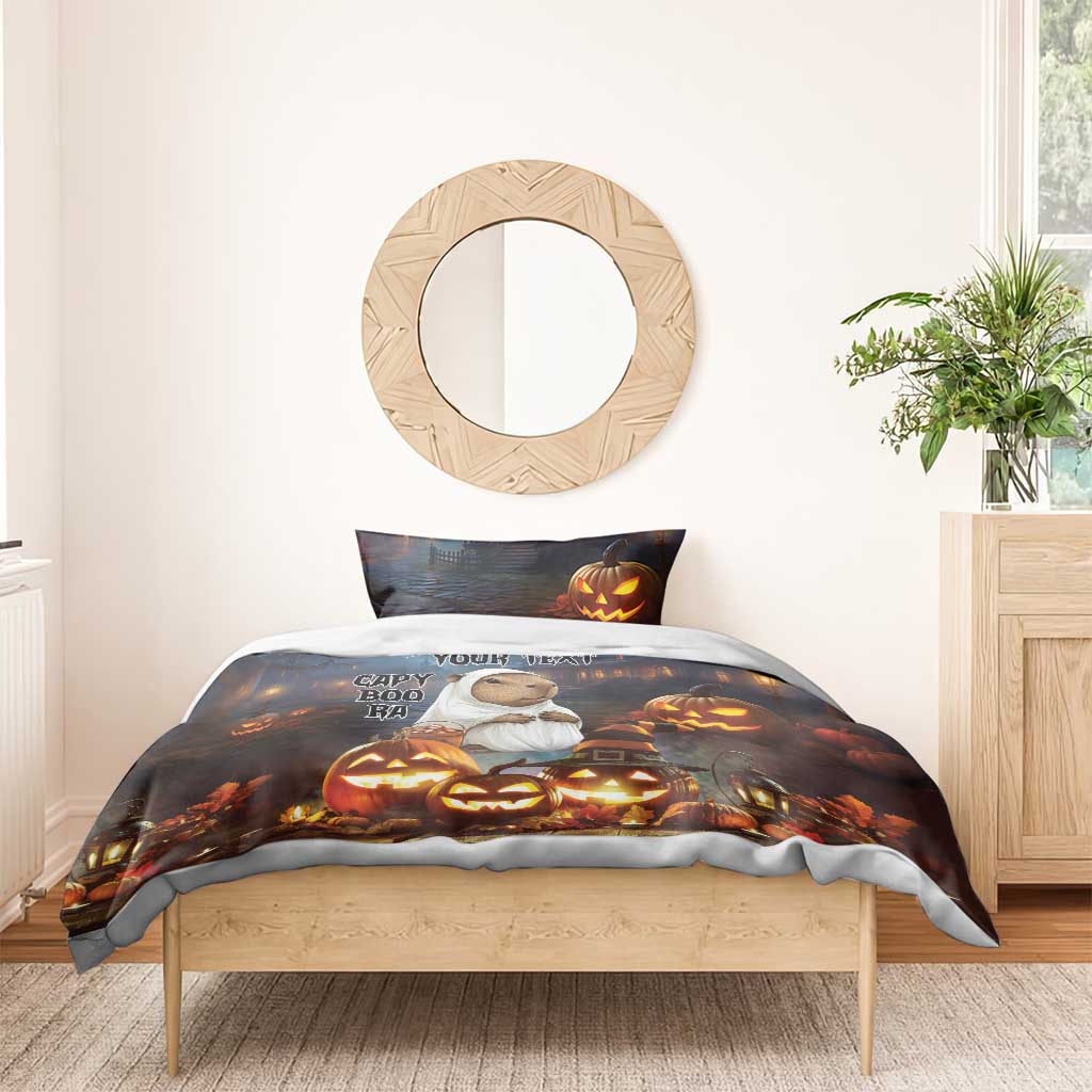 Halloween bedding set with capybara ghost duvet, jack-o-lanterns, and 'YOUR TEXT'