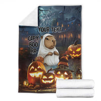 Halloween blanket with capybara ghost character, glowing pumpkins, and “Your Text” personalization