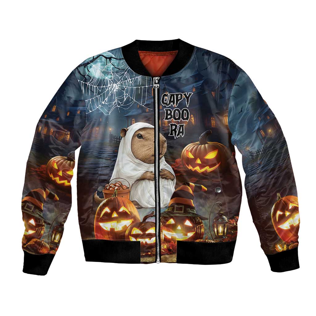 Halloween bomber jacket with zip, capybara in ghost costume, pumpkins and glowing text