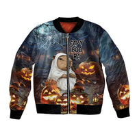 Halloween bomber jacket with zip, capybara in ghost costume, pumpkins and glowing text