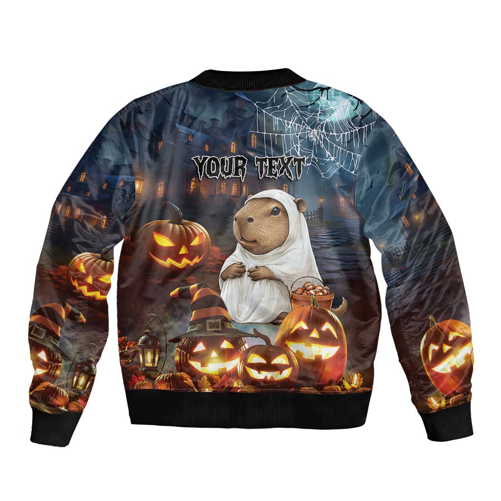 Back of Halloween bomber jacket with capybara in ghost costume, pumpkins and 'YOUR TEXT'