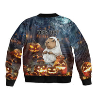 Back of Halloween bomber jacket with capybara in ghost costume, pumpkins and 'YOUR TEXT'