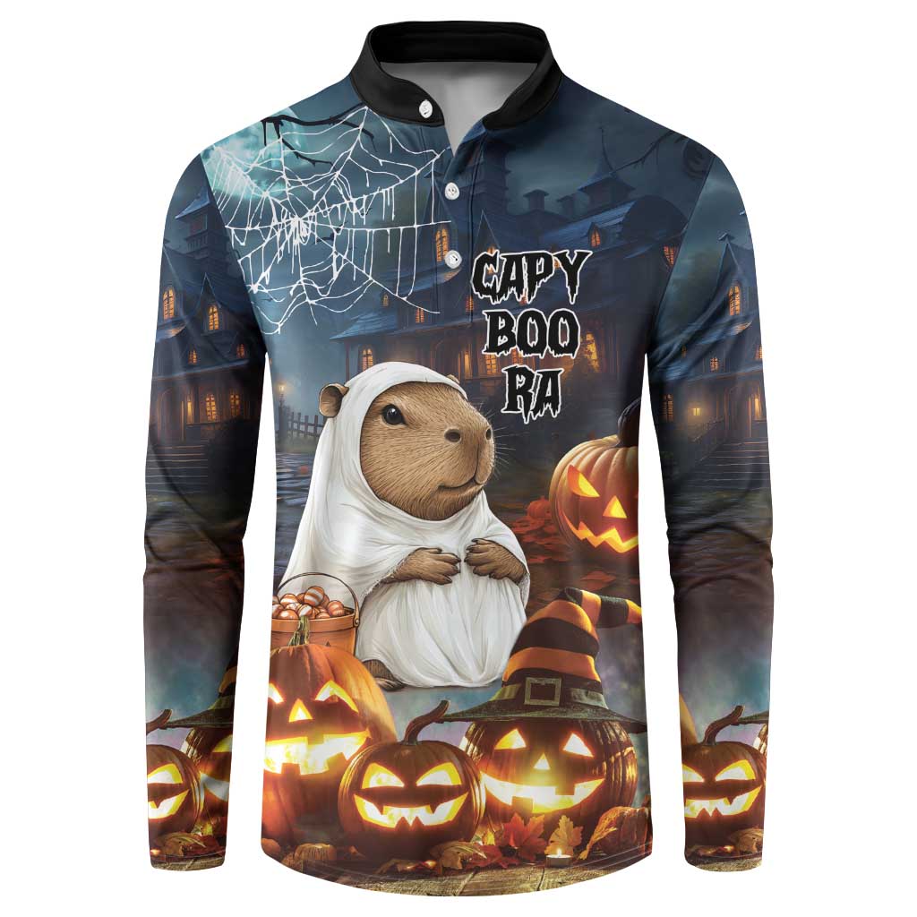 Halloween capybara button sweatshirt with ghost hood and jack-o’-lantern print