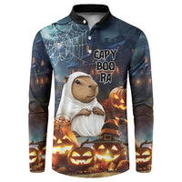 Halloween capybara button sweatshirt with ghost hood and jack-o’-lantern print