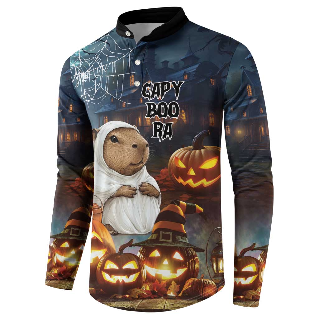 Halloween capybara button sweatshirt, ghost cap and pumpkins with CAPY BOO RA text