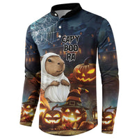 Halloween capybara button sweatshirt, ghost cap and pumpkins with CAPY BOO RA text